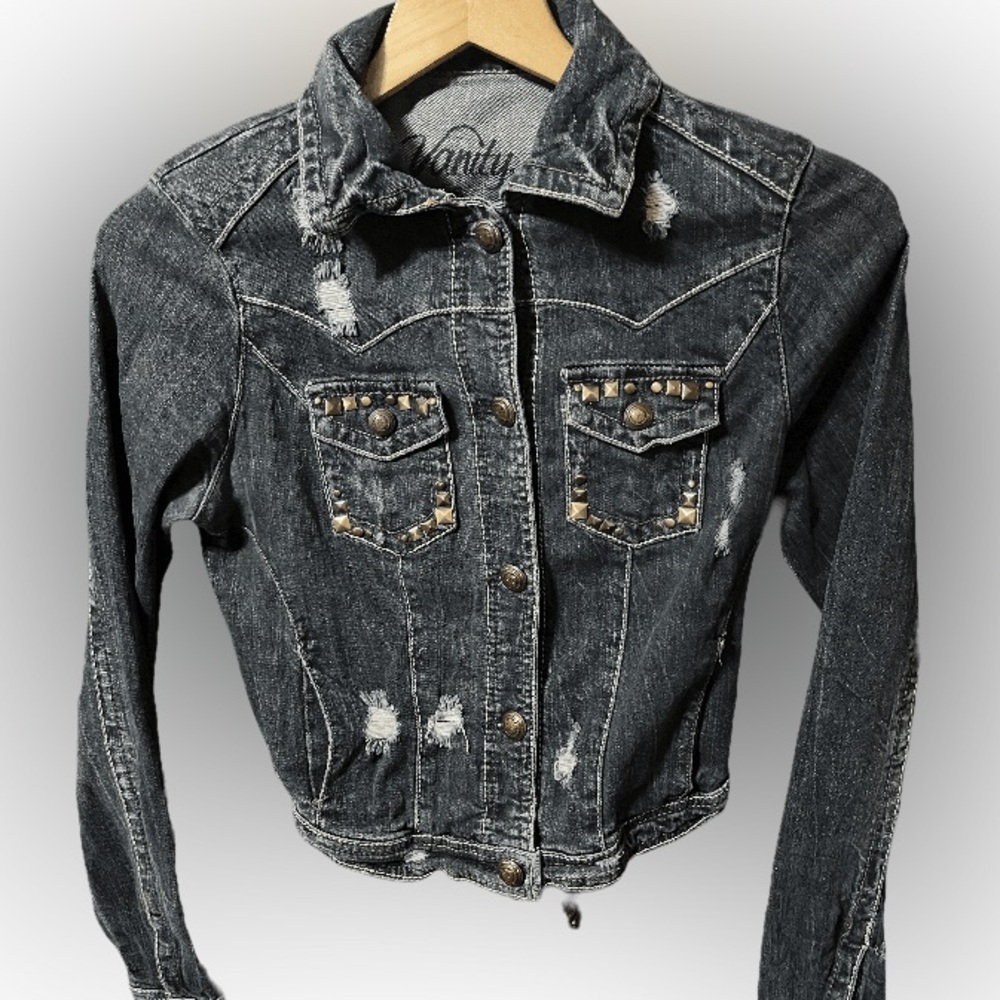 Vanity beaded distressed denim jacket Size small